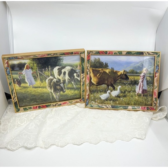 Other - Vintage 80s Cow Farm Prairie Artwork Pair Floral Gold Framed Cottagecore Prints